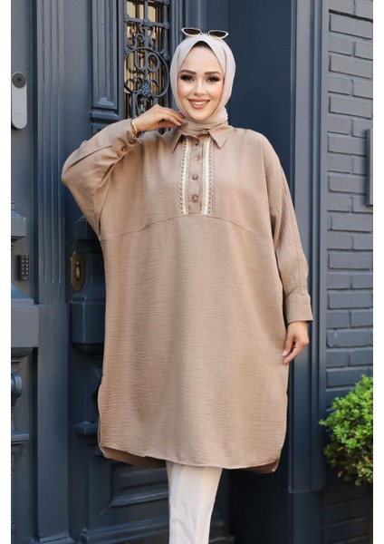 Düğmeli Camel Tesettür Tunik 663C modelleri