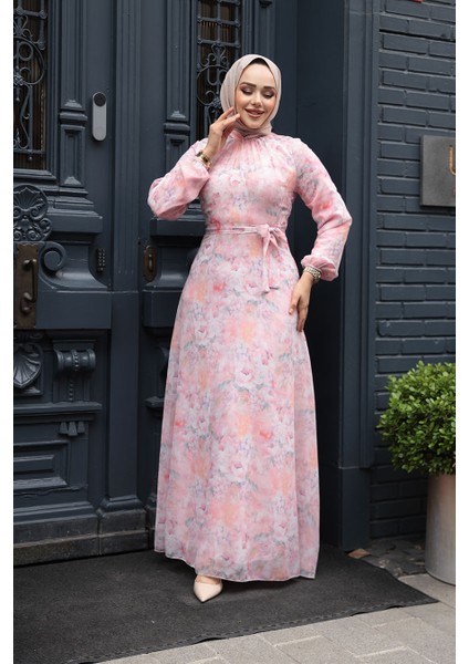 Çiçek Desenli Pudra Tesettür Elbise 279904PD