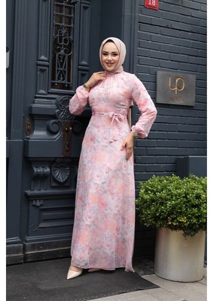 Çiçek Desenli Pudra Tesettür Elbise 279904PD fiyatları