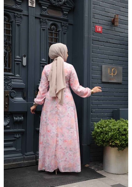 Çiçek Desenli Pudra Tesettür Elbise 279904PD modelleri