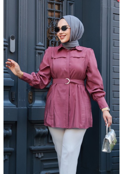 Düğmeli Gül Kurusu Tesettür Gömlek 19028GK