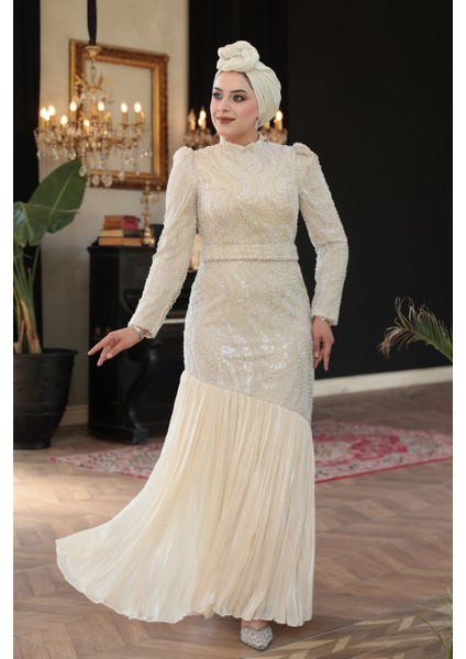 Boncuk Işlemeli Krem Tesettür Abiye Elbise 51621KR