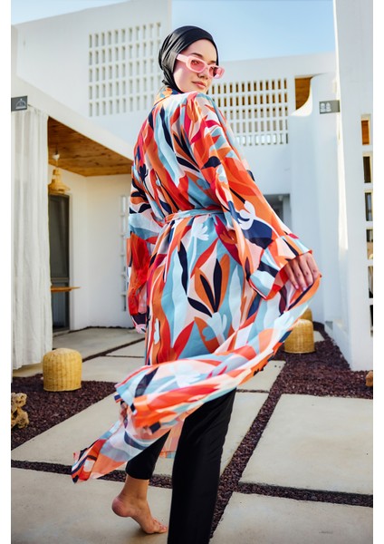 Remsa Tesettür Mayo Üzerine Tek Kaftan Kimono Pareo Turuncu RP027 Lotus modelleri