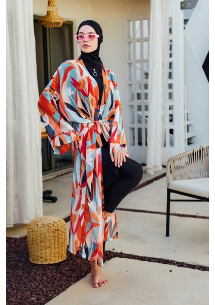 Remsa Tesettür Mayo Üzerine Tek Kaftan Kimono Pareo Turuncu RP027 Lotus indirimleri