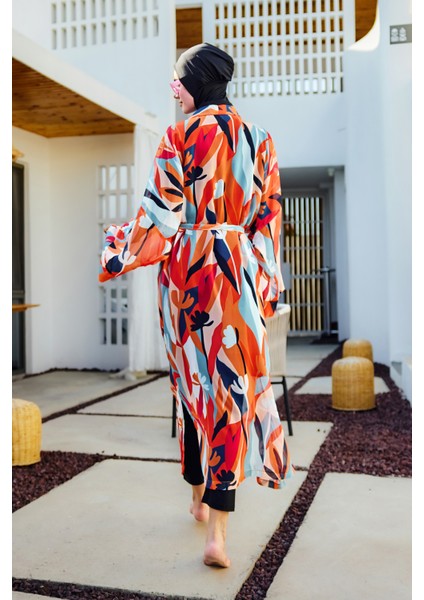 Remsa Tesettür Mayo Üzerine Tek Kaftan Kimono Pareo Turuncu RP027 Lotus