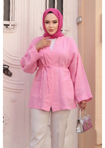 Pembe Tesettür Kimono 19032P