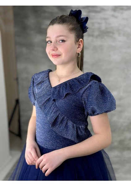 Kız Çocuk Eslem Simli Fırfır Dekolte Şık Elbise 10-13 Yaş fiyatları