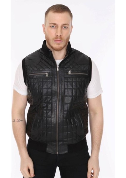 Hakiki Deri Siyah Işlemeli Lastikli Erkek Deri Yelek