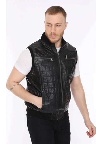 Hakiki Deri Siyah Işlemeli Lastikli Erkek Deri Yelek fiyatları