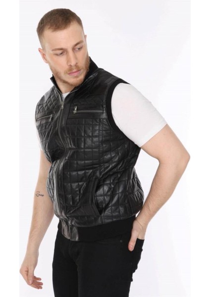 Hakiki Deri Siyah Işlemeli Lastikli Erkek Deri Yelek modelleri