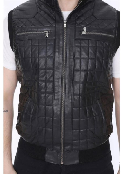 Hakiki Deri Siyah Işlemeli Lastikli Erkek Deri Yelek fırsatları
