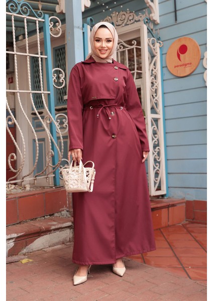 Düğmeli Bordo Tesettür Trençkot 684BR