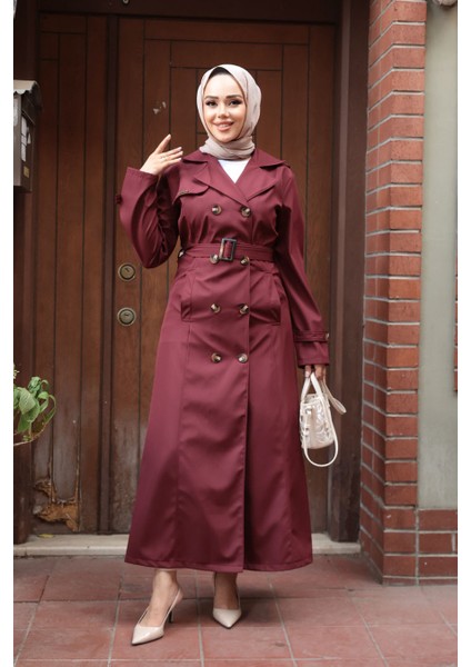 Düğmeli Bordo Tesettür Trençkot 7261BR