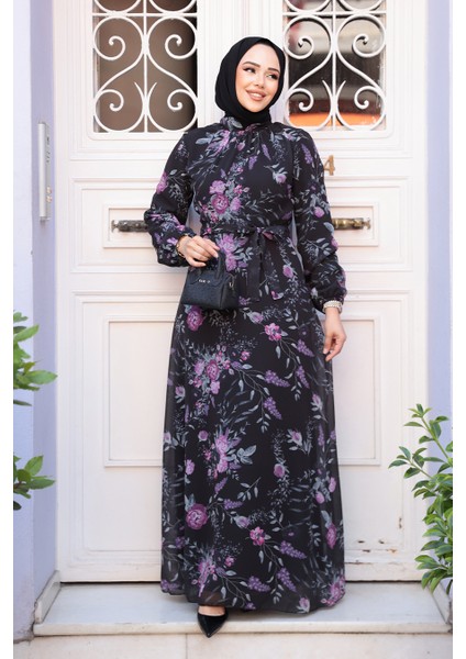 Çiçek Desenli Siyah Tesettür Elbise 27960S