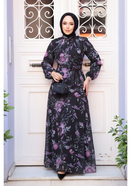 Çiçek Desenli Siyah Tesettür Elbise 27960S fiyatları