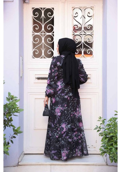 Çiçek Desenli Siyah Tesettür Elbise 27960S modelleri