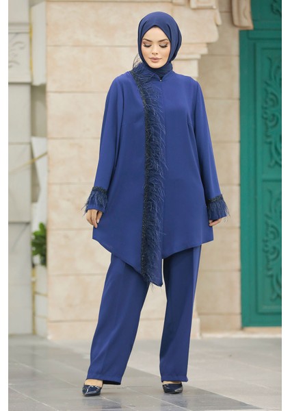 Tüy Detaylı Indigo Mavisi Tesettür Ikili Takım 40025IM
