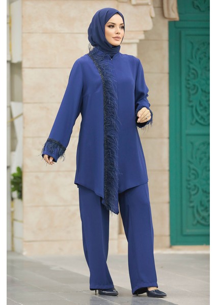Tüy Detaylı Indigo Mavisi Tesettür Ikili Takım 40025IM fiyatları