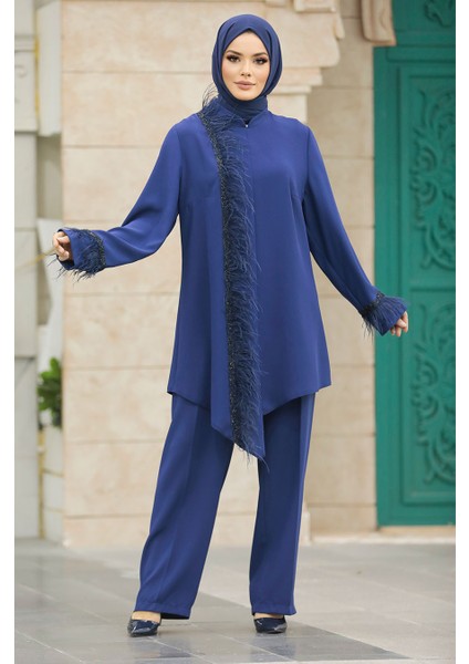 Tüy Detaylı Indigo Mavisi Tesettür Ikili Takım 40025IM modelleri