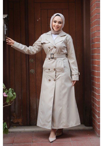 Düğmeli Bej Tesettür Trençkot 7261BEJ