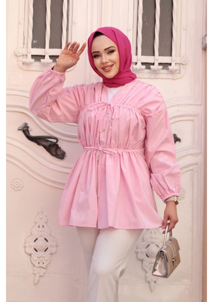 Büzgü Detaylı Pembe Tesettür Tunik 101042P