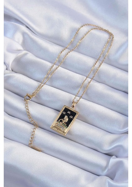 316L Çelik Zincir Altın Renk Zirkon Taşlı Siyah Mineli Kız Figürlü Tarot Kolye fiyatları