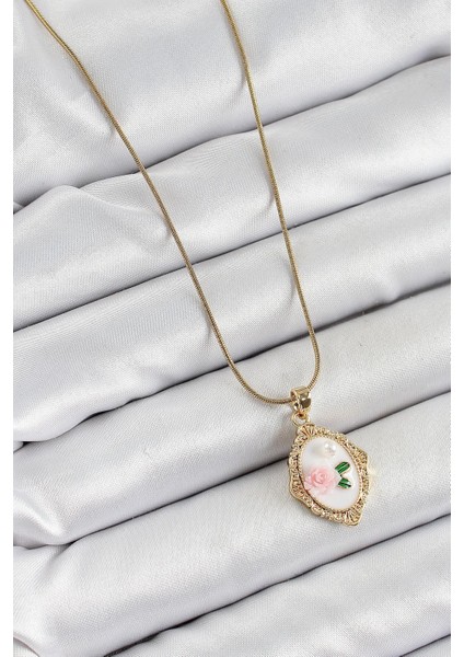 316L Çelik Zincir Beyaz Sanatsal Portre Inci Detaylı Gül Figürlü Model Gold Renk Kadın Kolye fiyatları