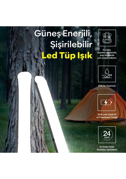 ZMR-385 Katlanır Şişirilebilir Beyaz Ledli Aydınlatma Tüpü USB ve Solar Güneş Enerjisi Şarjlı Armatür Kamp Lambası fırsatları