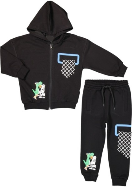 Erkek Çocuk Dinazor Baskılı Fermuar Kapamalı Kapüşonlu Siyah Eşofman Takımı
