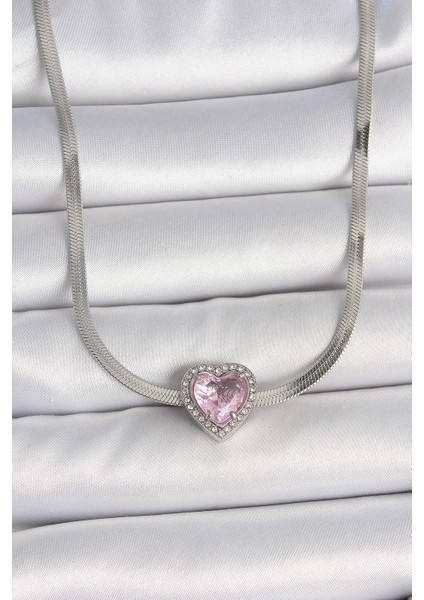 316L Çelik Gümüş Renk Italyan Zincir Pembe Zirkon Taşlı Kalp Model Kadın Kolye