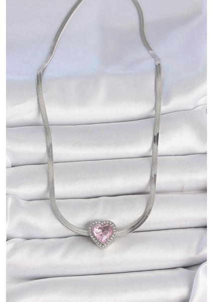 316L Çelik Gümüş Renk Italyan Zincir Pembe Zirkon Taşlı Kalp Model Kadın Kolye fiyatları