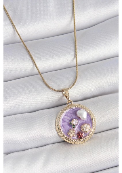 316L Çelik Gold Renk Zincir Mor Mineli Incili Çiçek Işlemeli Madalyon Model Kadın Kolye