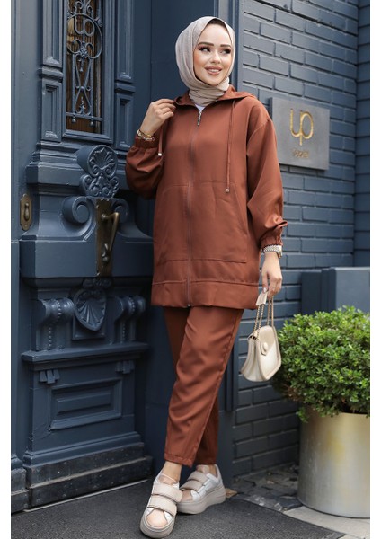 Fermuarlı Koyu Taba Tesettür Ikili Takım 10400KTB