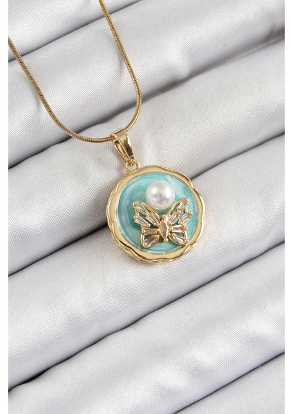 316L Çelik Zincir Zirkon Taşlı Turkuaz Sanatsal Portre Inci Detaylı Kelebek Model Gold Renk Kadın Kolye