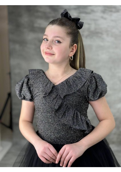 Kız Çocuk Eslem Simli Fırfır Dekolte Şık Elbise 10-13 Yaş fiyatları