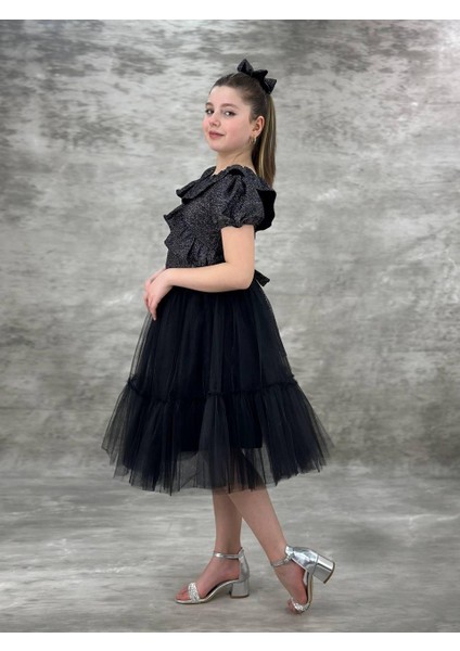 Kız Çocuk Eslem Simli Fırfır Dekolte Şık Elbise 10-13 Yaş modelleri