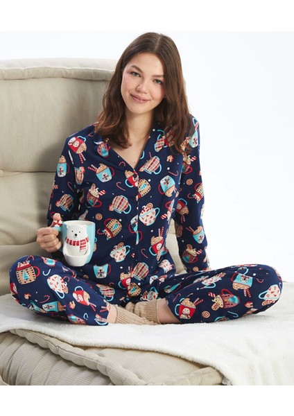 Lcw Young Lacivert Gömlek Yaka Baskılı Kadın Pijama Takımı