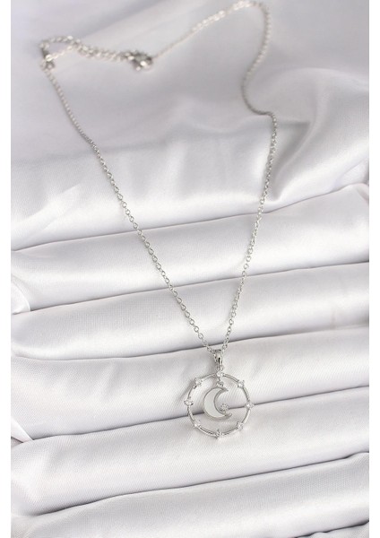 316L Çelik Gümüş Renk Zincir Zirkon Taşlı Beyaz Mineli Hilal Model Kadın Kolye fiyatları