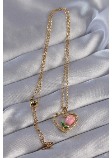 316L Çelik Zincirli Gold Renk Zirkon Taşlı Kalp Içinde Pembe Gül Tasarımlı Kolye fiyatları