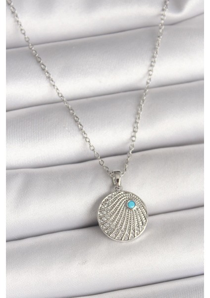 316L Çelik Gümüş Renk Zincir Zirkon Taşlı Mavi Taş Detaylı Madalyon Model Kadın Kolye
