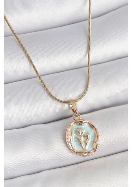 316L Çelik Gold Renk Zincir Turkuaz Mineli Çiçek Işlemeli Portre Model Kadın Kolye