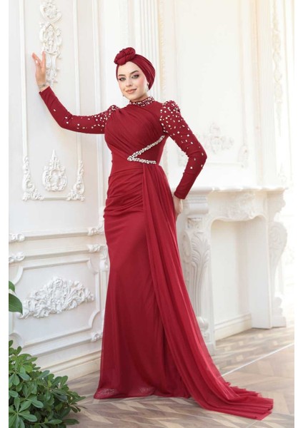 Boncuk Işlemeli Bordo Tesettür Abiye Elbise 5295BR