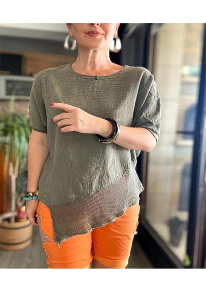 Kadın Kısa Kollu File Detaylı Asimetrik Haki %100 Pamuk Bluz modelleri