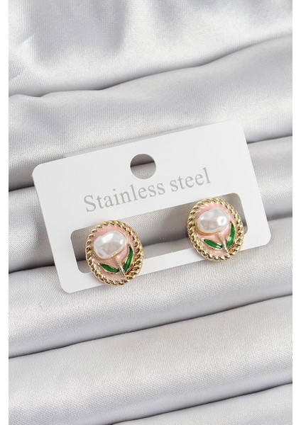 Pirinç Pembe Mineli Lale Figürlü Sanatsal Portre Model Gold Renk Kadın Küpe