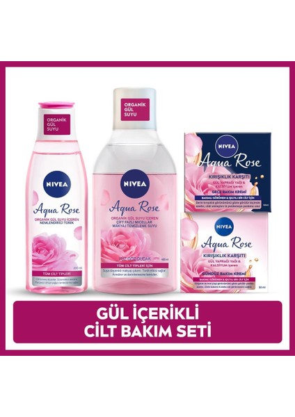 Aqua Rose Gül Suyu Içeren Çeyiz Seti, Makyaj Temizleme Suyu 400ML, Tonik 200ML, Gündüz ve Gece Kremi