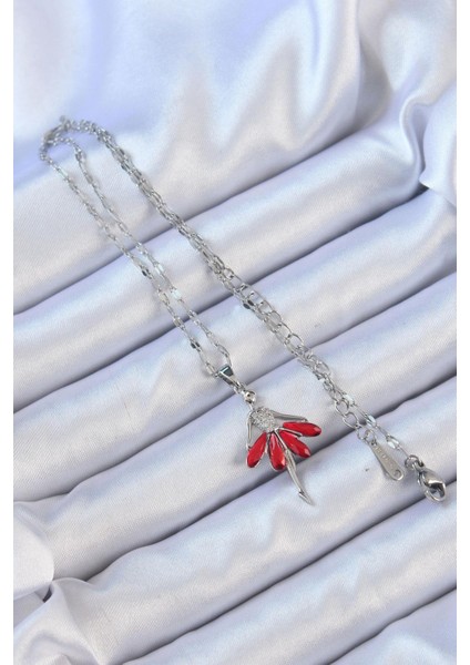 316L Çelik Zincir Gümüş Renk Kırmızı Etekli Zirkon Taşlı Balerin Kolye fiyatları