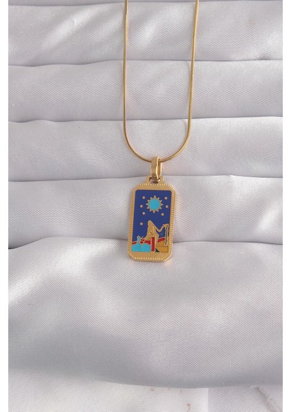 316L Çelik Gold Renk Mavi Mineli Kız Figür Tarot Kolye