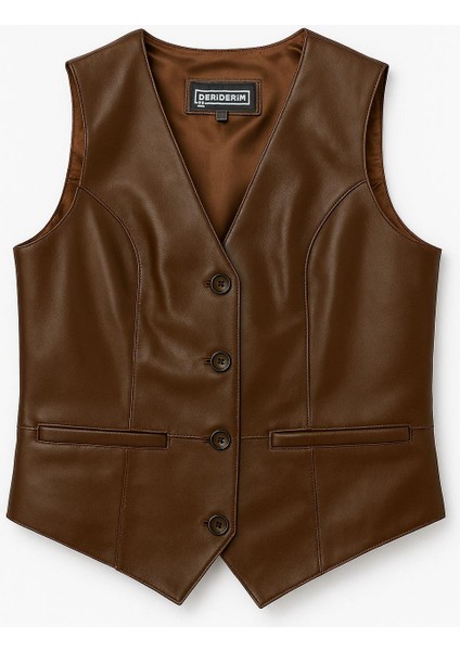 Hakiki Deri Kahverengi Kadın Yelek