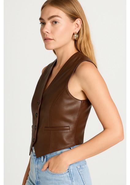 Hakiki Deri Kahverengi Kadın Yelek fırsatları