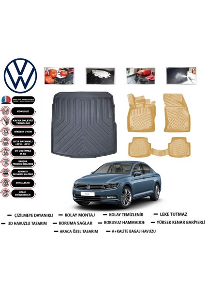 Volkswagen Passat B8 Sedan 2017 Model Bagaj Havuzu(Paspası)+Araca Özel Bej Paspas Takımı Flex